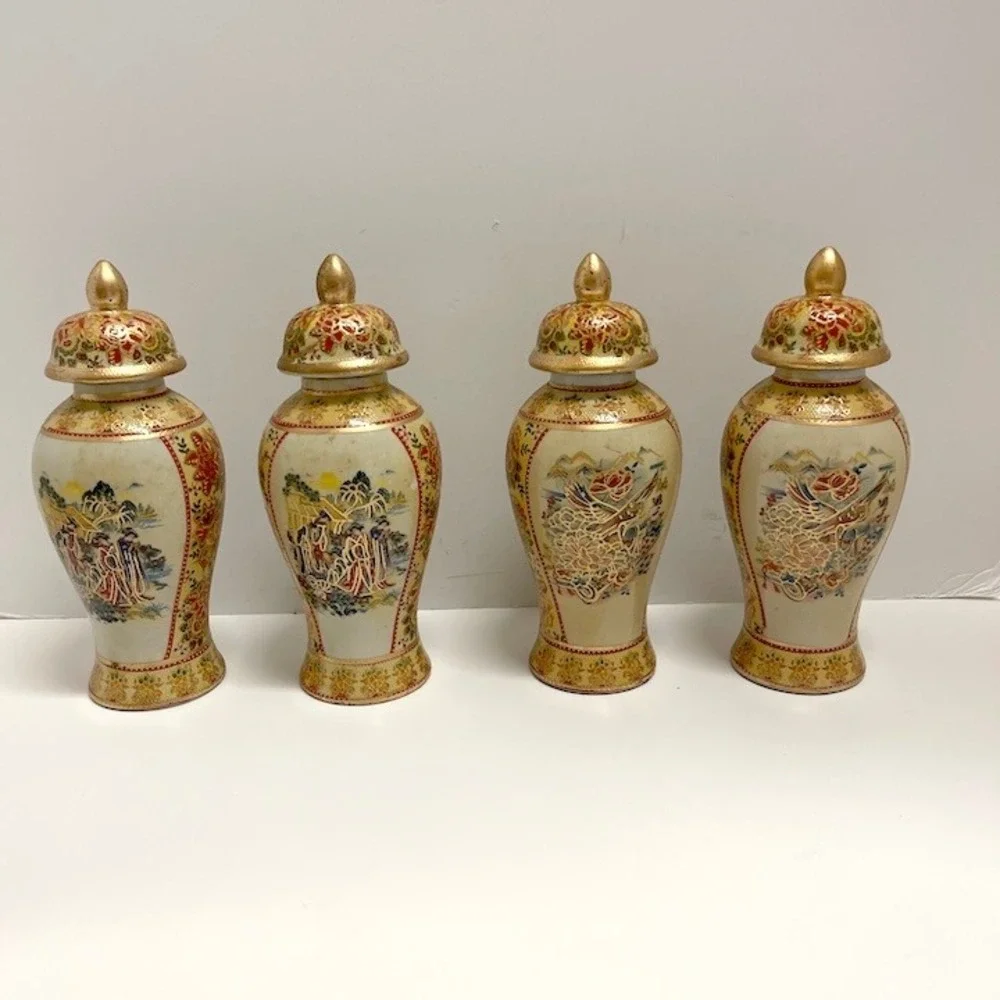 Set of 4 Vintage Mid-Century Satsuma Style Lidded Temple Jars 8 Inches Lot 1